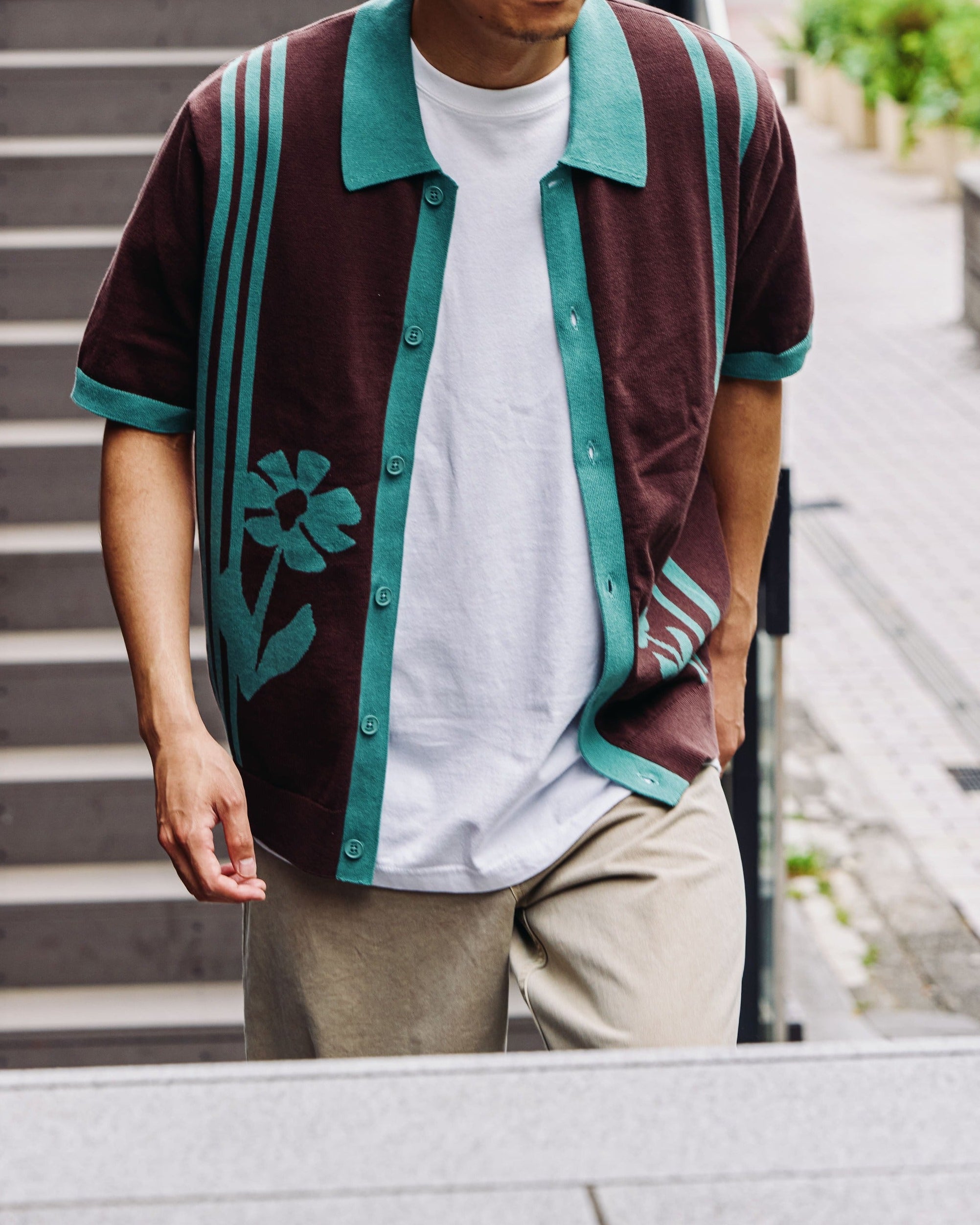 テラーロシャツ INTARSIA EMBROIDERY (BROWN/SAGE)