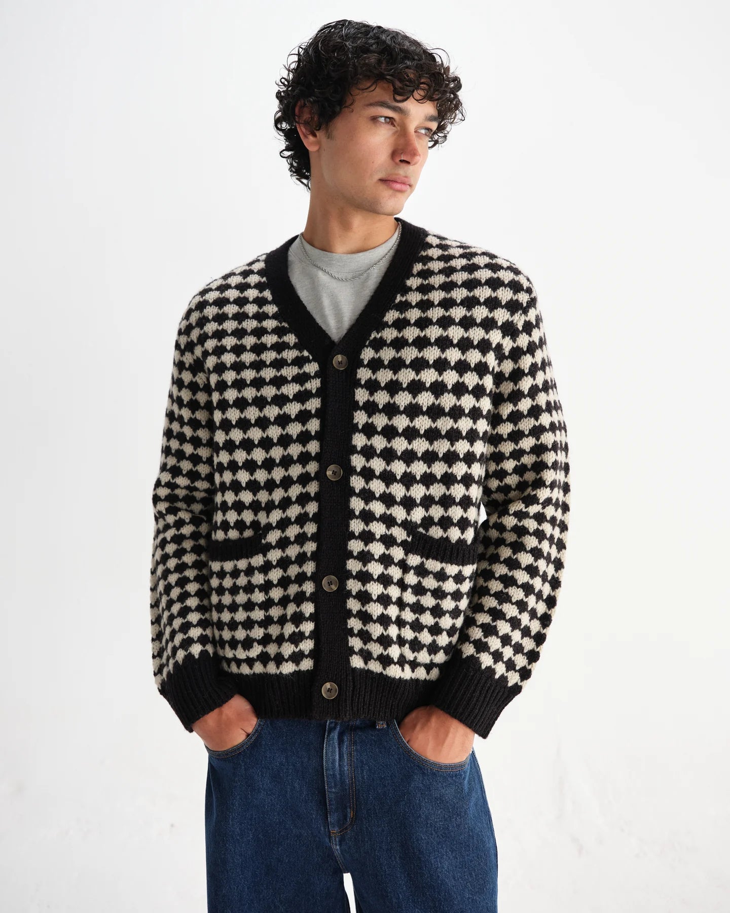 ウォーカーカーディガン BUBBLE KNIT (BLACK/ECRU)