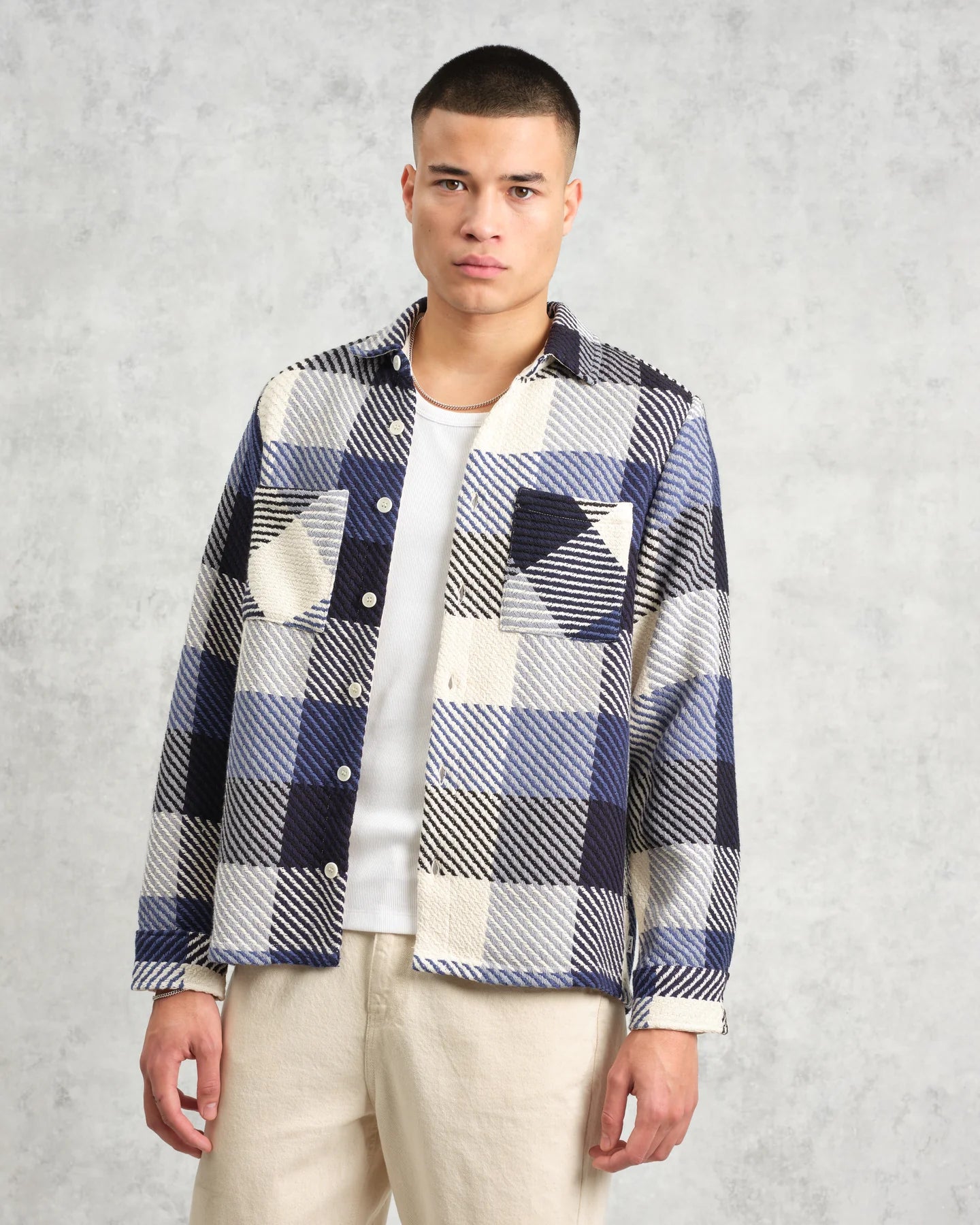 オーバーシャツ BLOCK CHECK (NAVY/ECRU) Whiting Overshirt