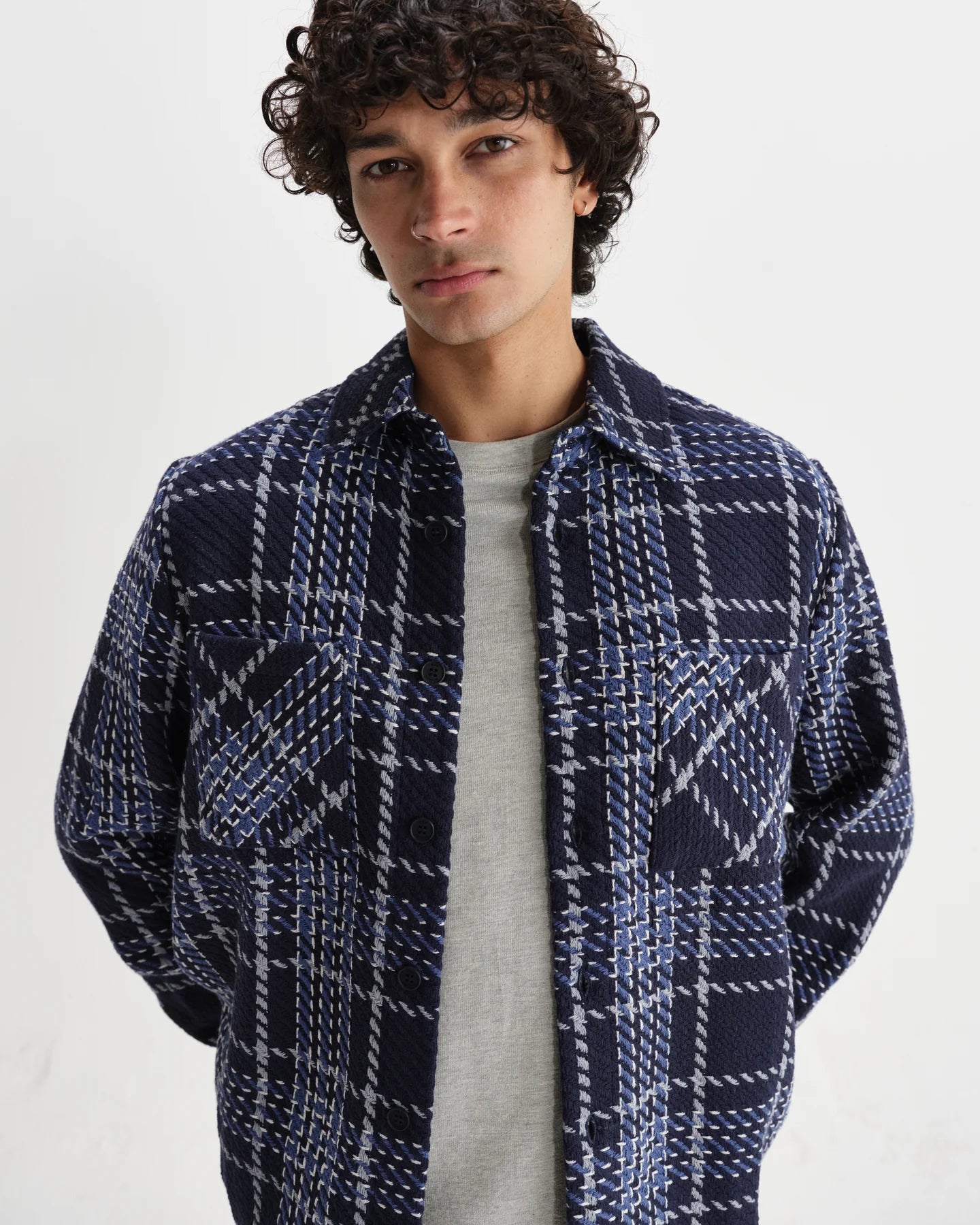 オーバーシャツ WAVE CHECK (NAVY/GREY)