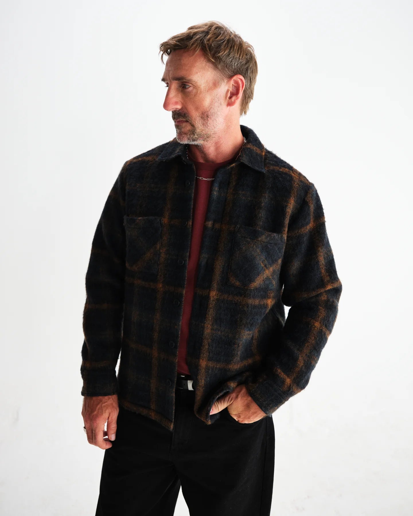 オーバーシャツ DRAWN CHECK (TEAL/ORANGE)