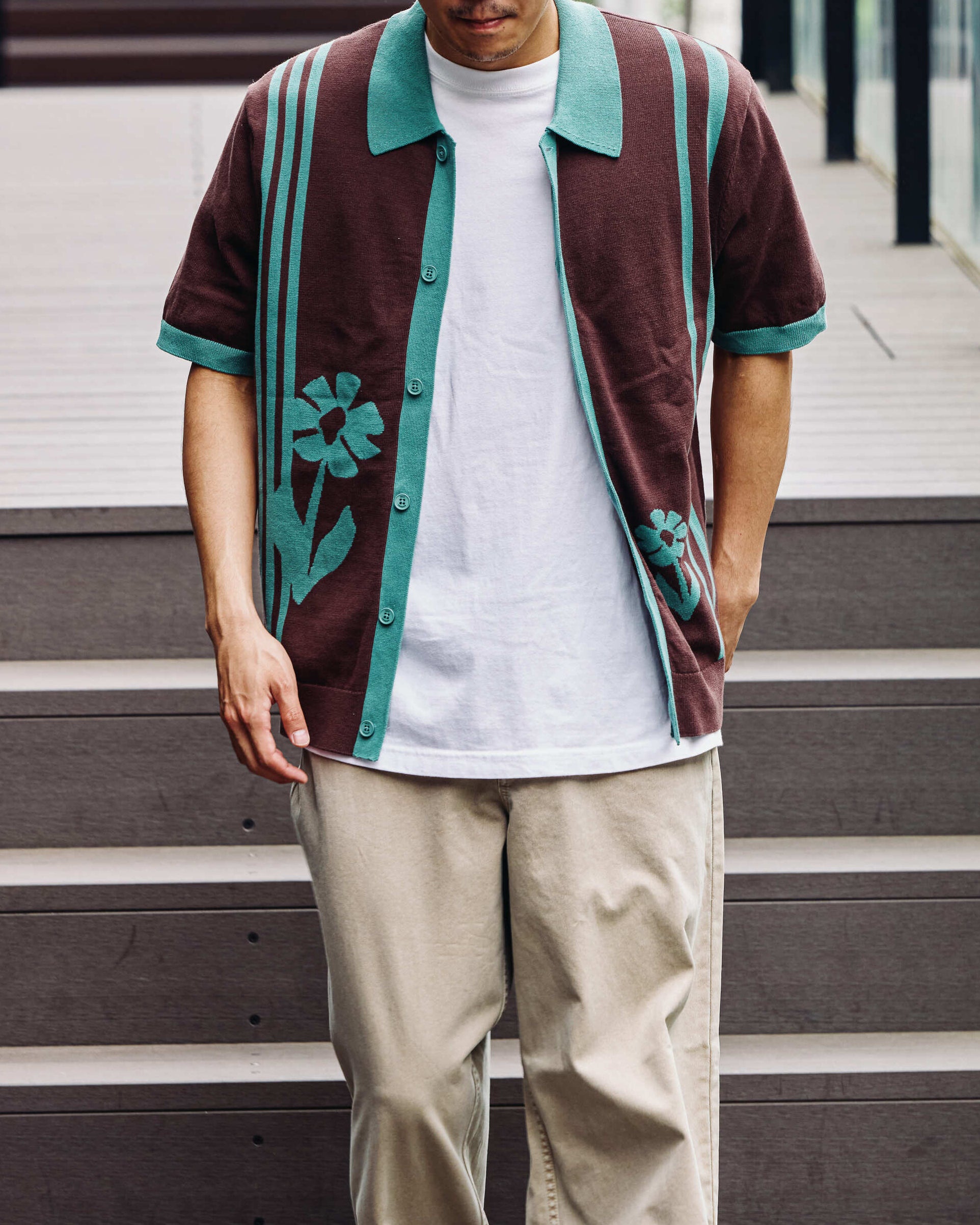 テラーロシャツ INTARSIA EMBROIDERY (BROWN/SAGE)