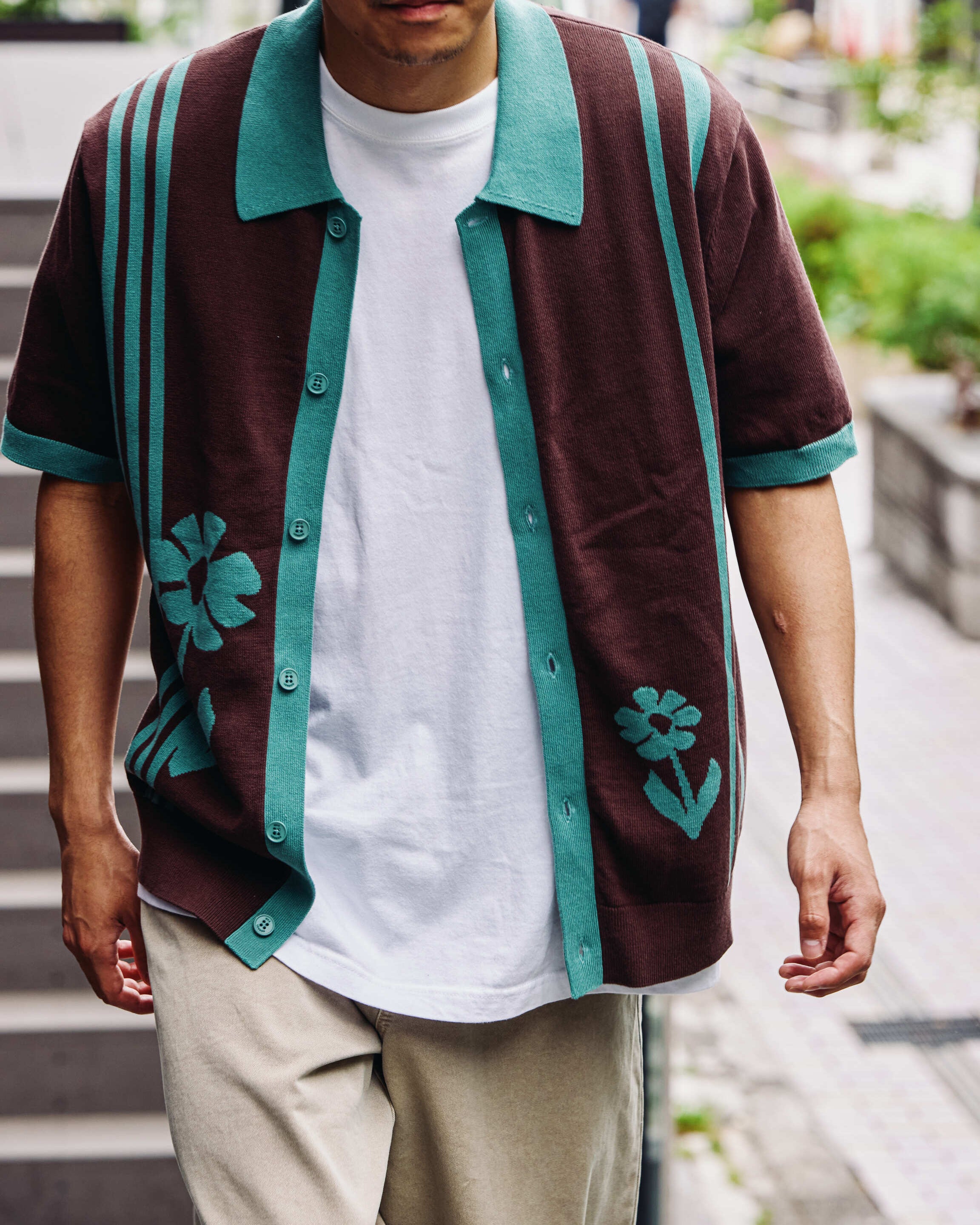 テラーロシャツ INTARSIA EMBROIDERY (BROWN/SAGE)