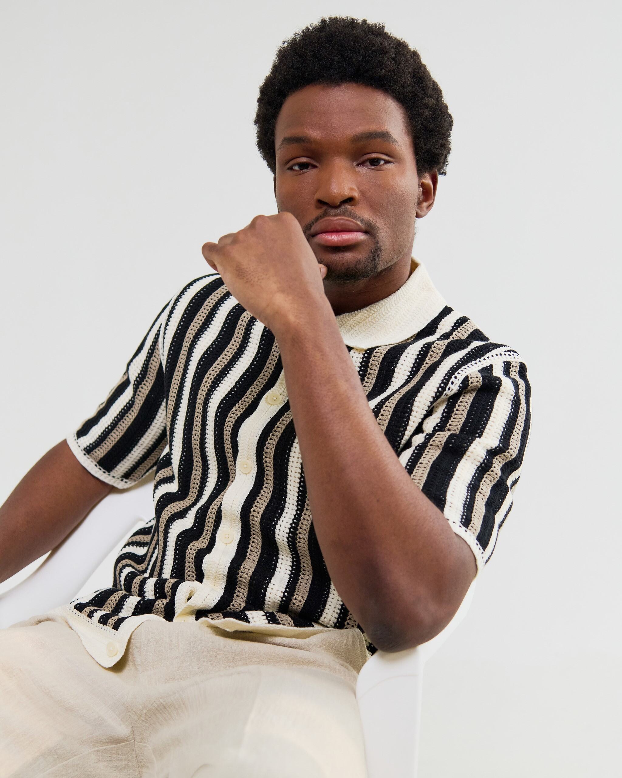 ポルトシャツ STRIPE CROCHET (ECRU/BLACK)