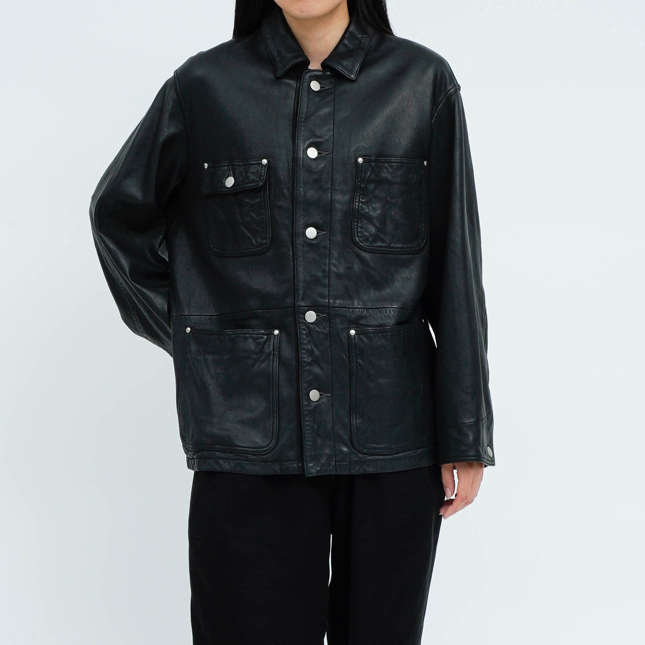 未使用VAINL ARCHIVE レザーカバーオールM 黒 ラムレザー25.3万 ウィメンズ ウォッシュレザー カバーオール（ラム）_coverall