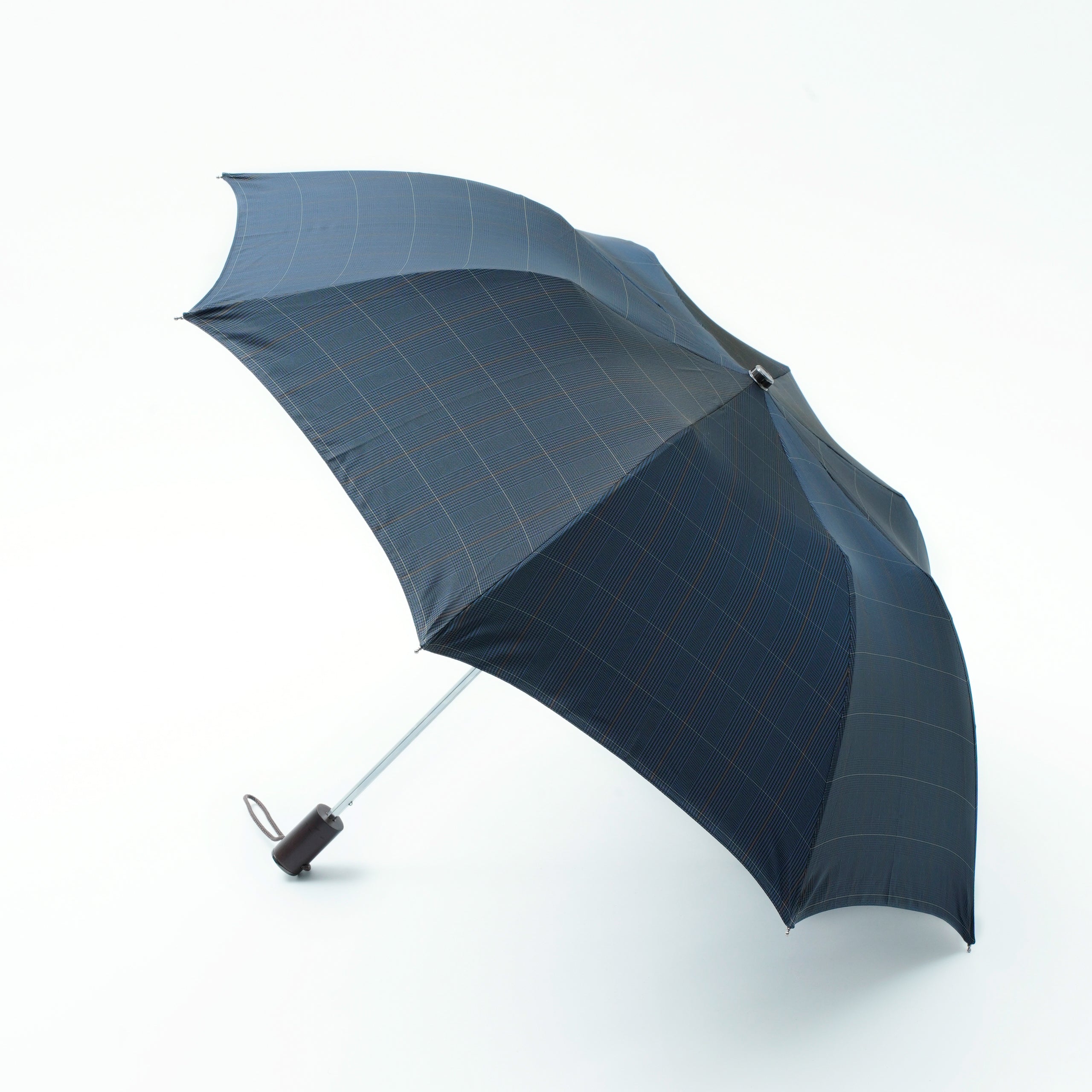 TL11 Brown Maple Straight with Fox Engraved Disc | 折りたたみ傘 | ストレート型ハンドル | メイプル | 晴雨兼用傘 (Prince Of Wales Navy)