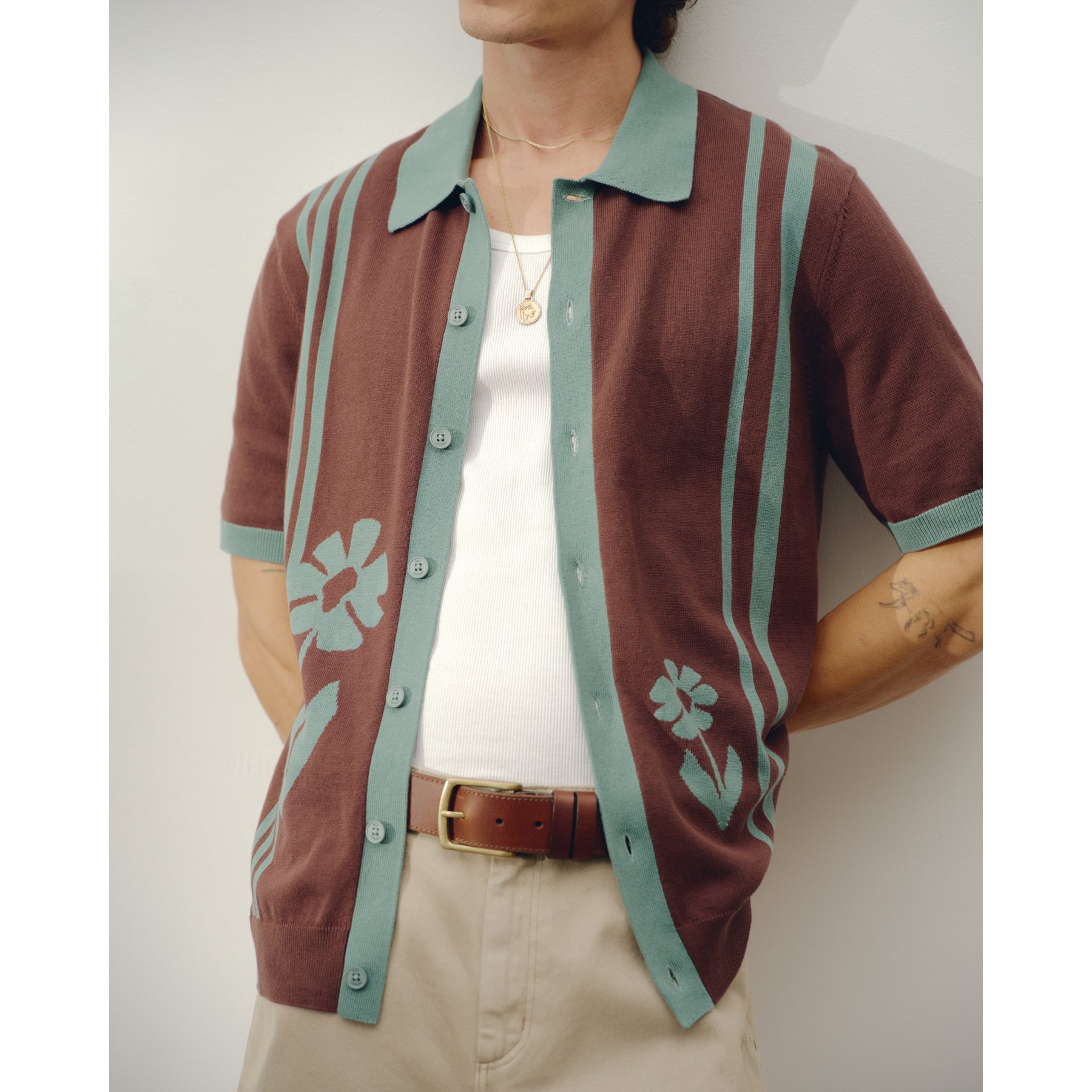 テラーロシャツ INTARSIA EMBROIDERY (BROWN/SAGE)