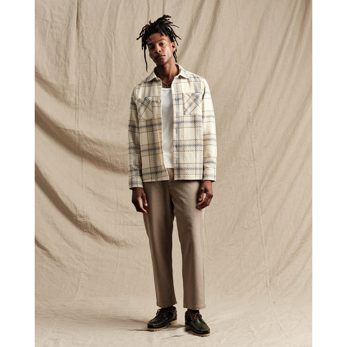 男女兼用 WHオーバーシャツ｜アールチェック(ECRU/BLUE)│wax london