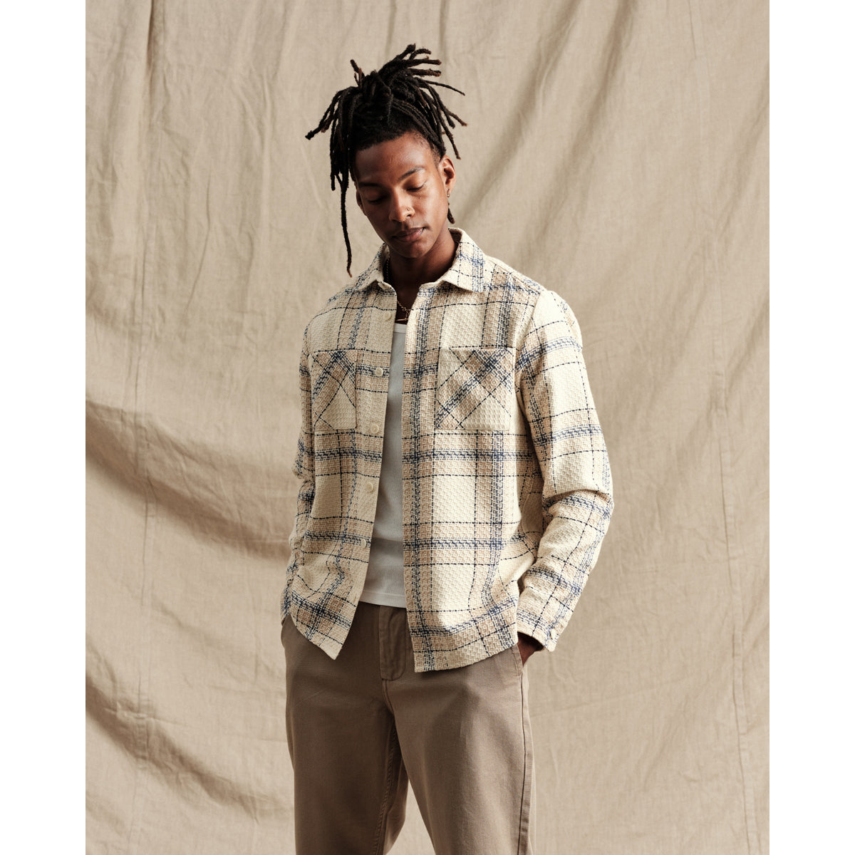 男女兼用 WHオーバーシャツ｜アールチェック(ECRU/BLUE)│wax london