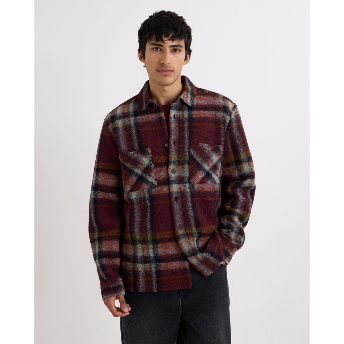 オーバーシャツ LEX WOOL BLEND CHECK (BURGUNDY/MULTI)