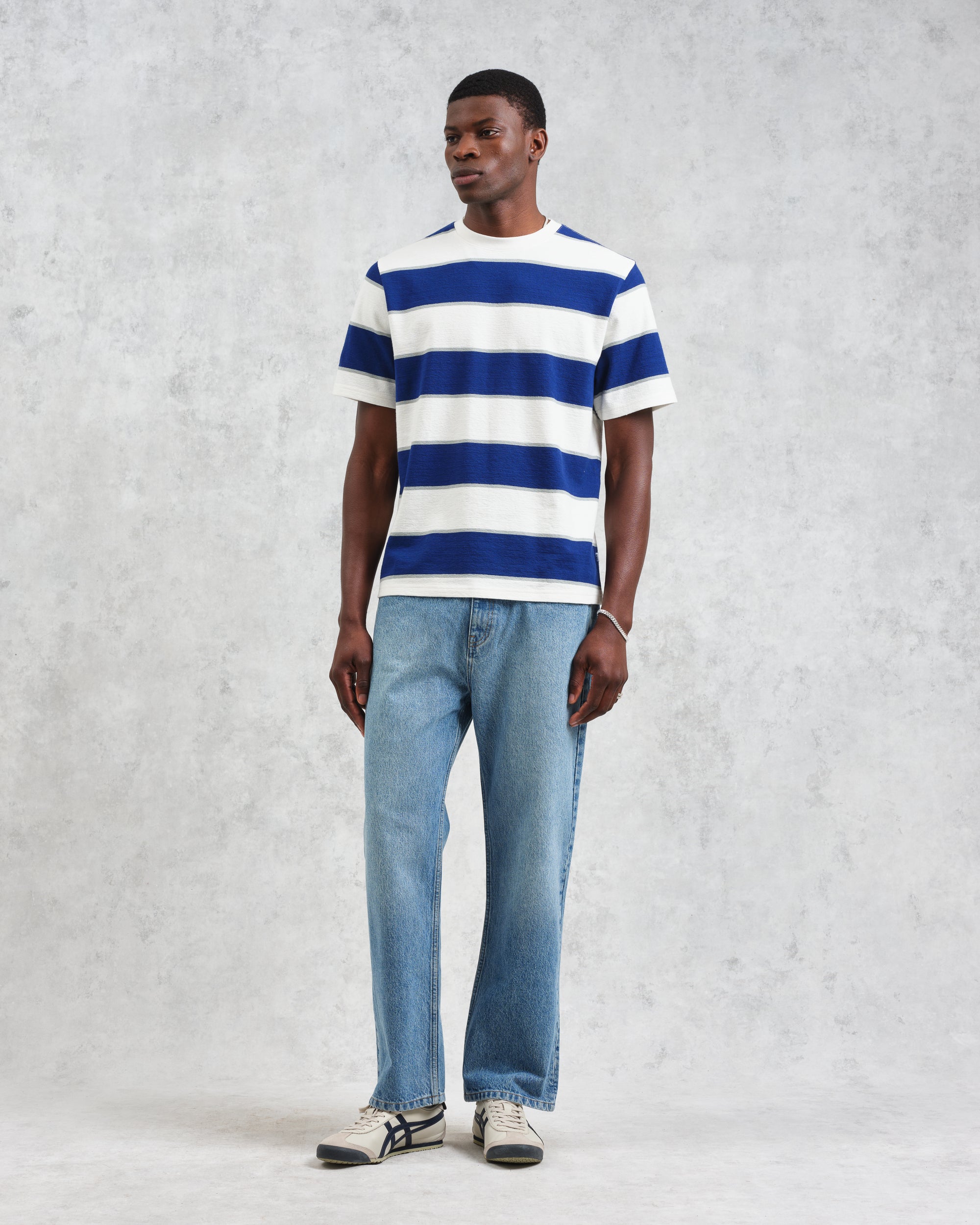 ディーンショートスリーブTシャツ BLOCK STRIPE (BLUE/ECRU)