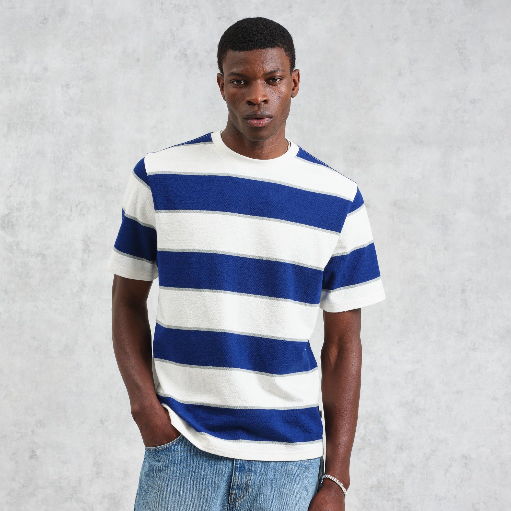 ディーンショートスリーブTシャツ BLOCK STRIPE (BLUE/ECRU)