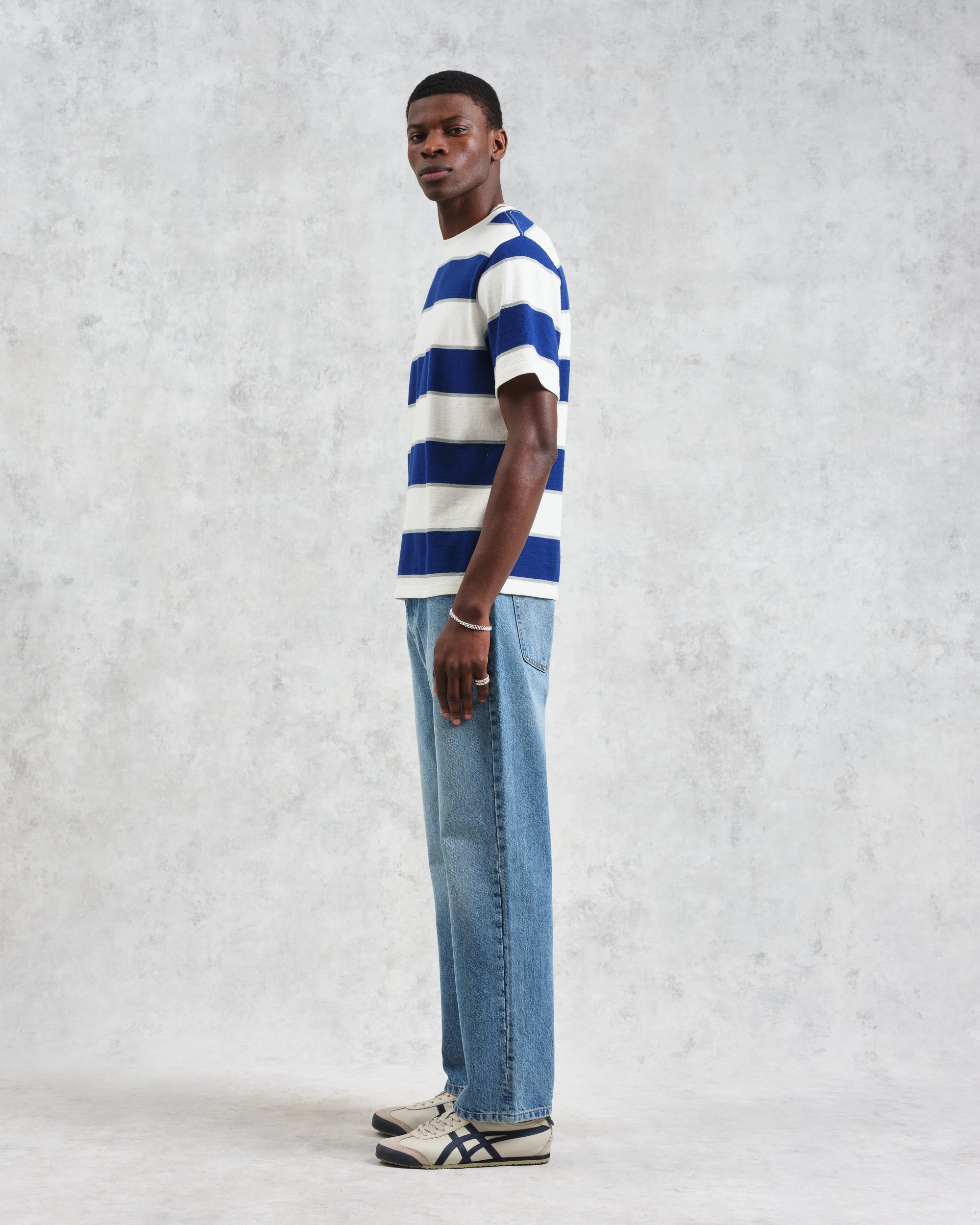ディーンショートスリーブTシャツ BLOCK STRIPE (BLUE/ECRU)