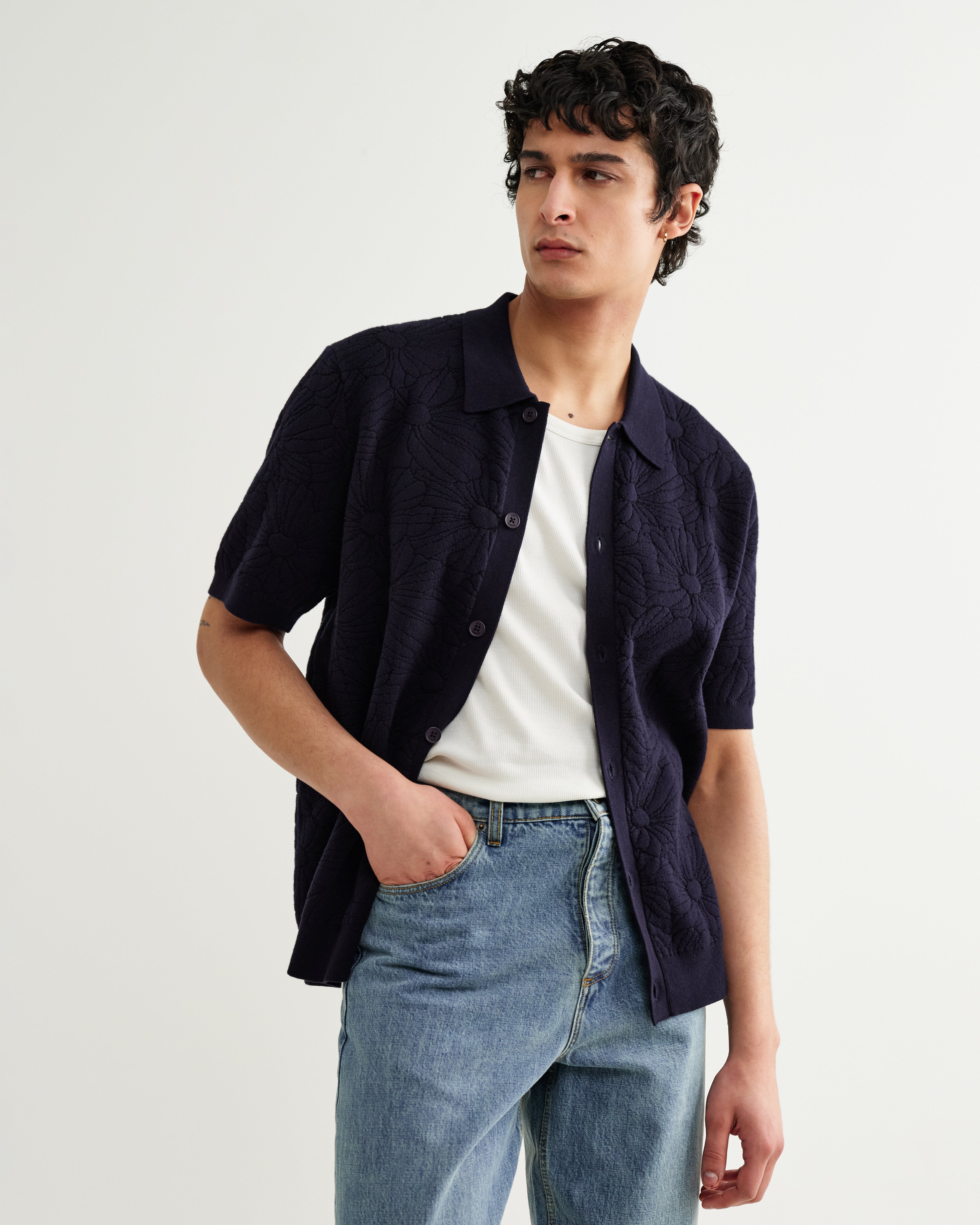 テラーロシャツ FLOWER JACQUARD (NAVY/BLACK)