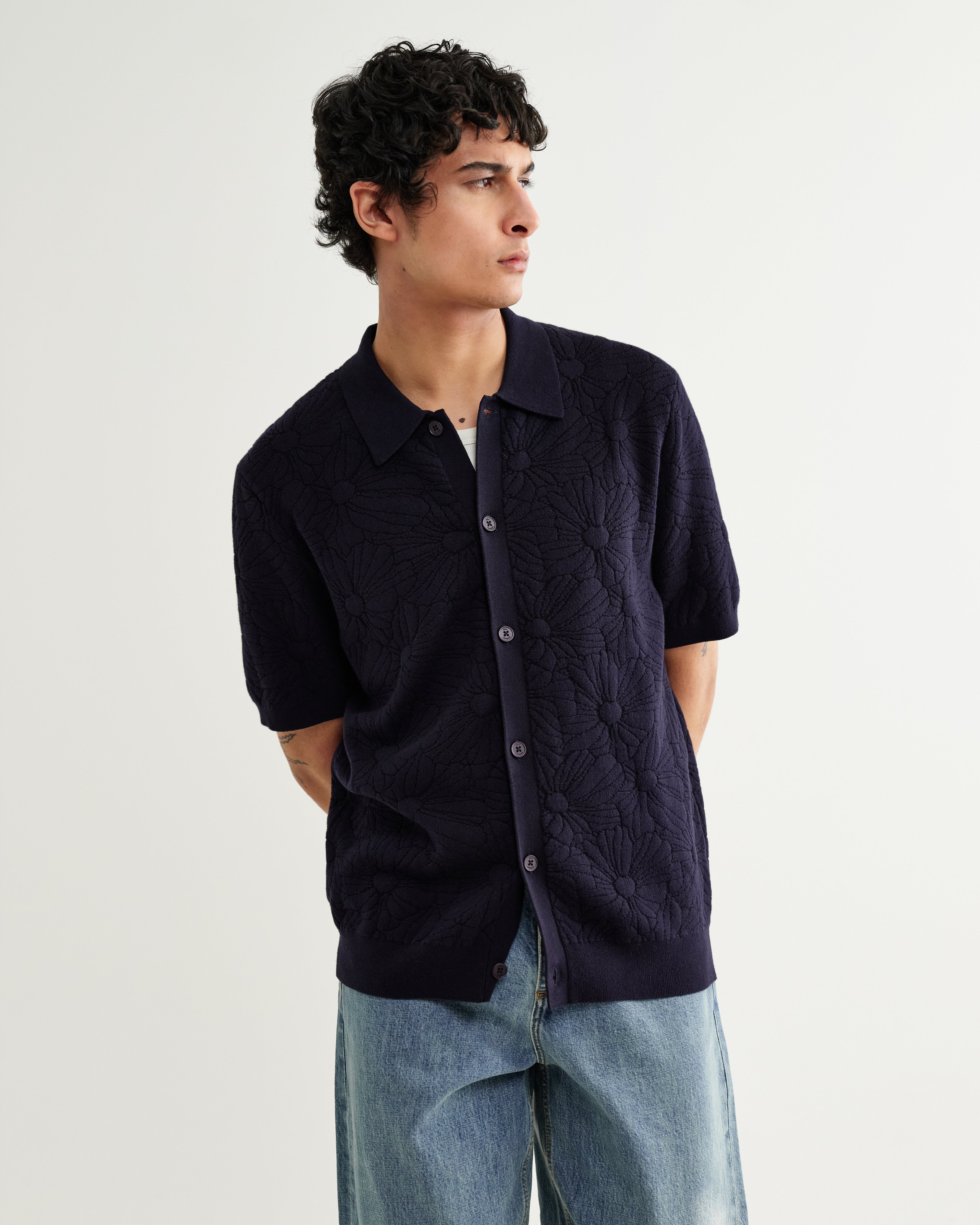 テラーロシャツ FLOWER JACQUARD (NAVY/BLACK)