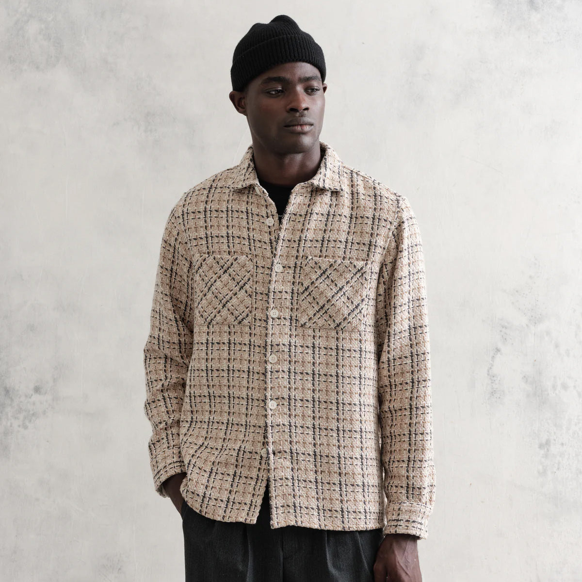 wax london ワックスロンドン EcruBeige オーバーシャツ M 男女兼用 WHオーバーシャツ｜イーデンチェック（BEIGE/ECRU）│wax