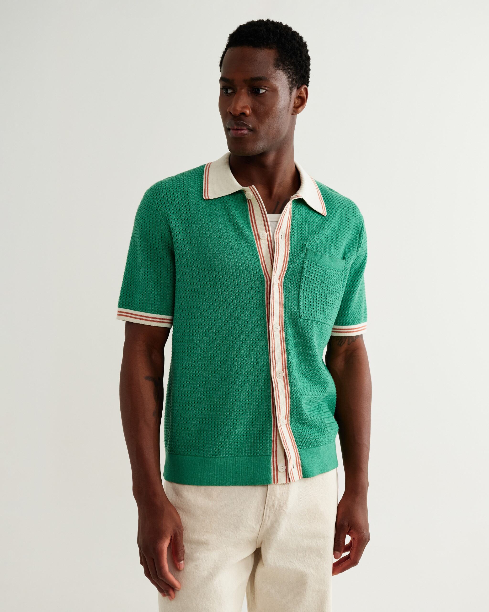 ベルシャツ TIPPED POINTELLE (GREEN/ECRU)｜Wax London ワックスロンドン
