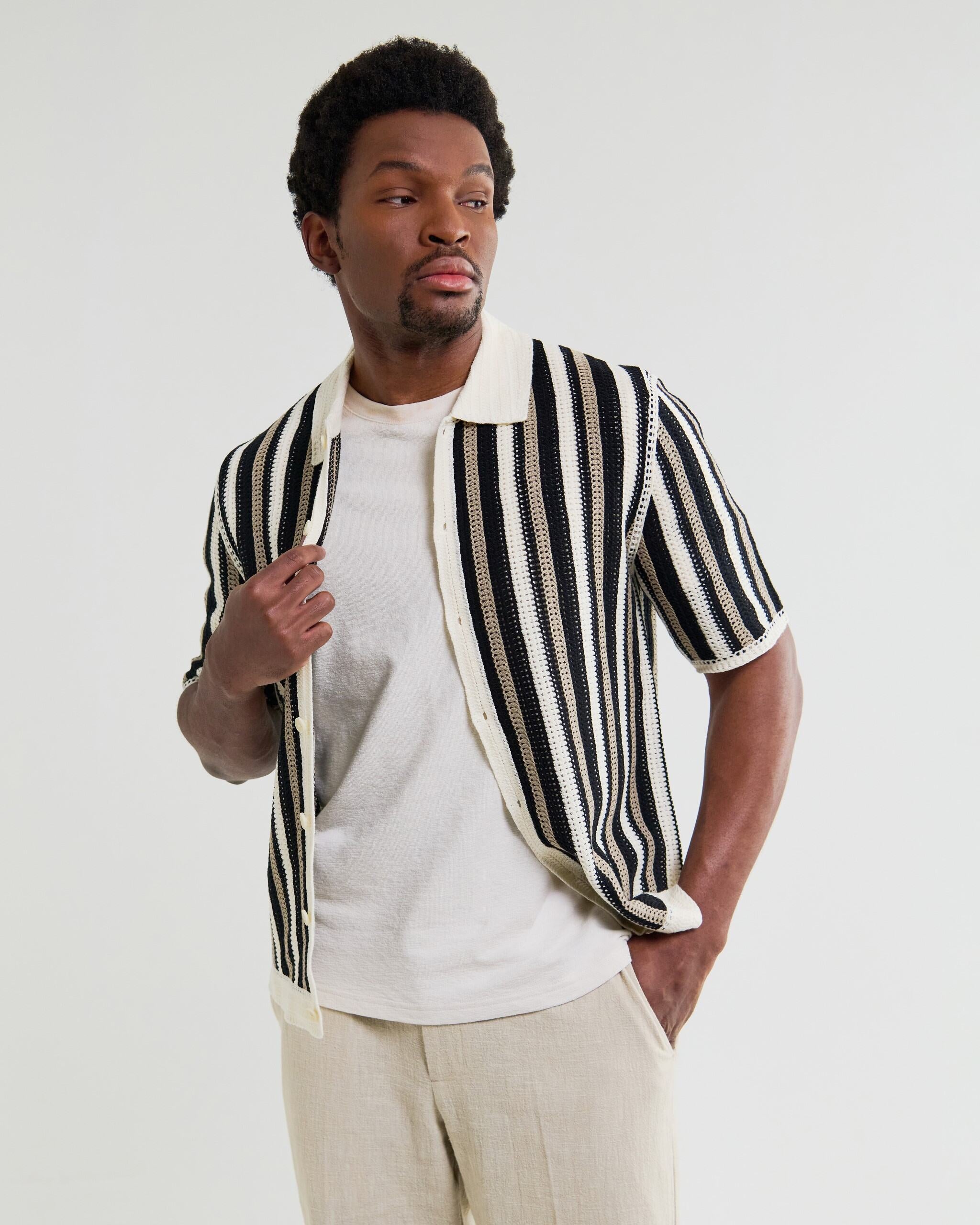 ポルトシャツ STRIPE CROCHET (ECRU/BLACK)