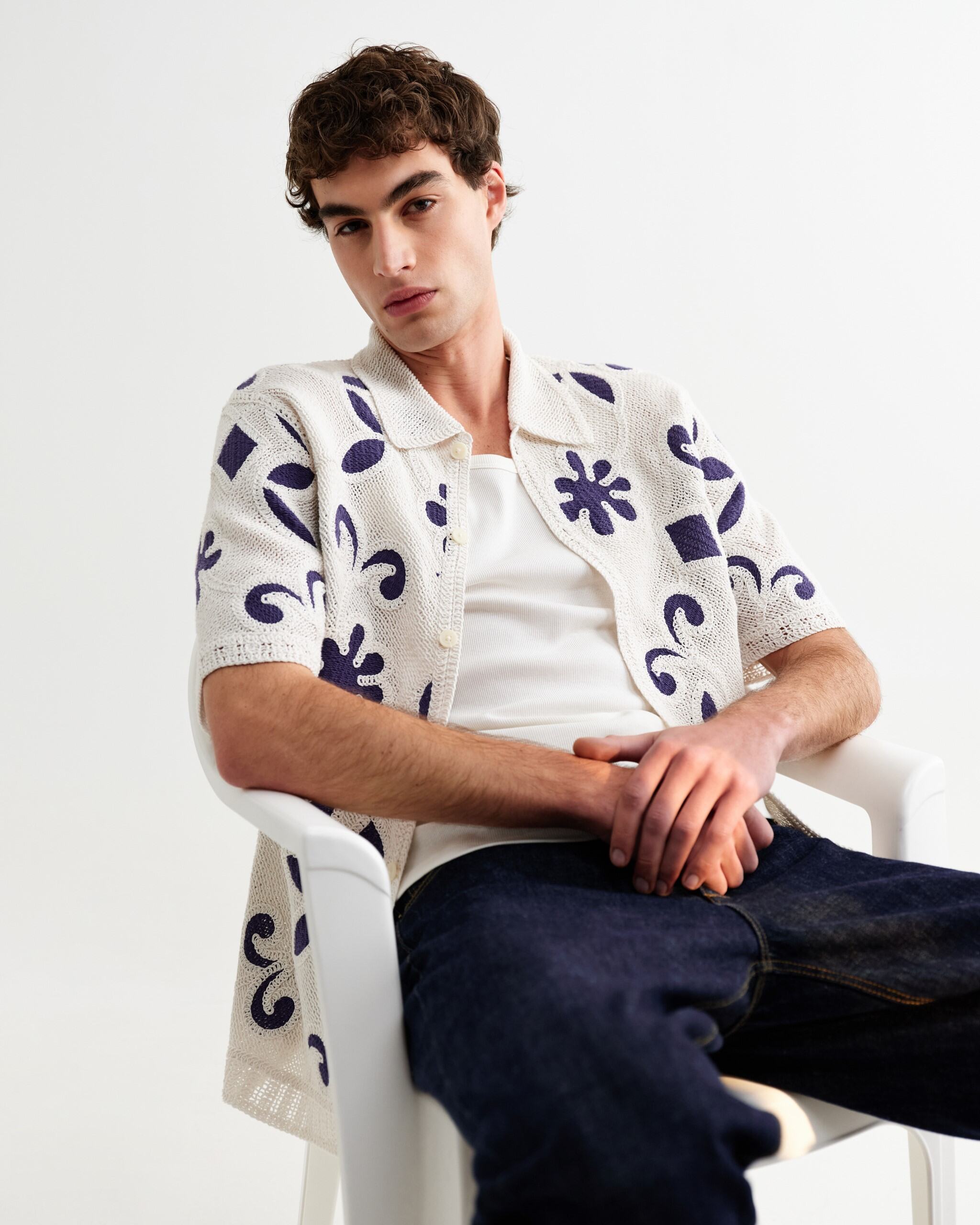 ポルトシャツ DOODLE CROCHET (ECRU/DARK BLUE)