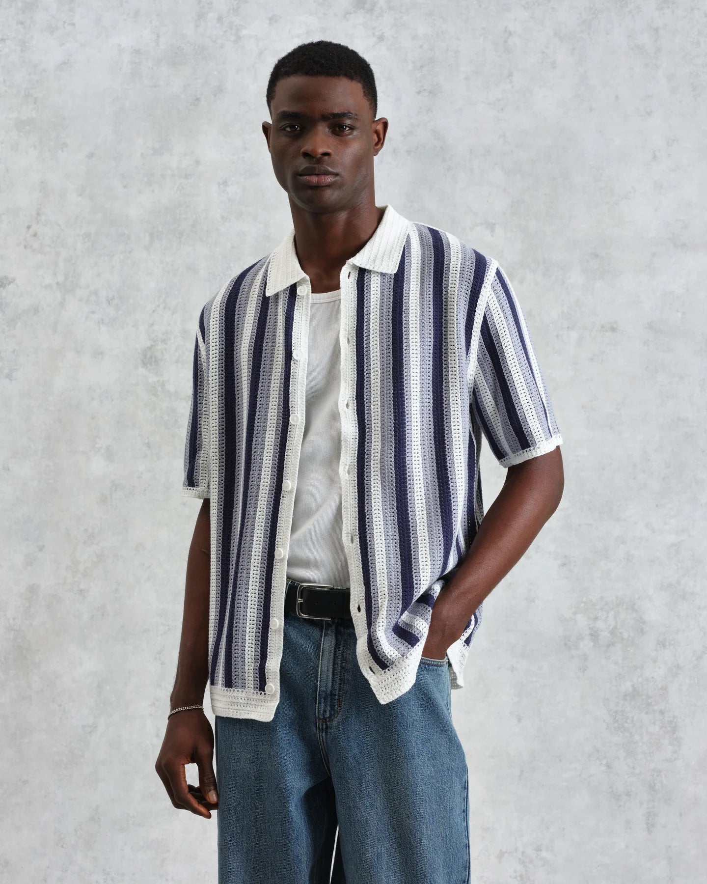 ポルトシャツ STRIPE CROCHET (BLUE/ECRU)