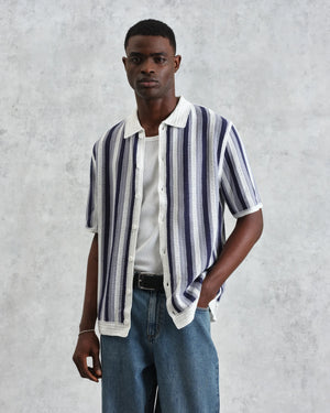 【予約】ポルトシャツ STRIPE CROCHET (BLUE/ECRU)
