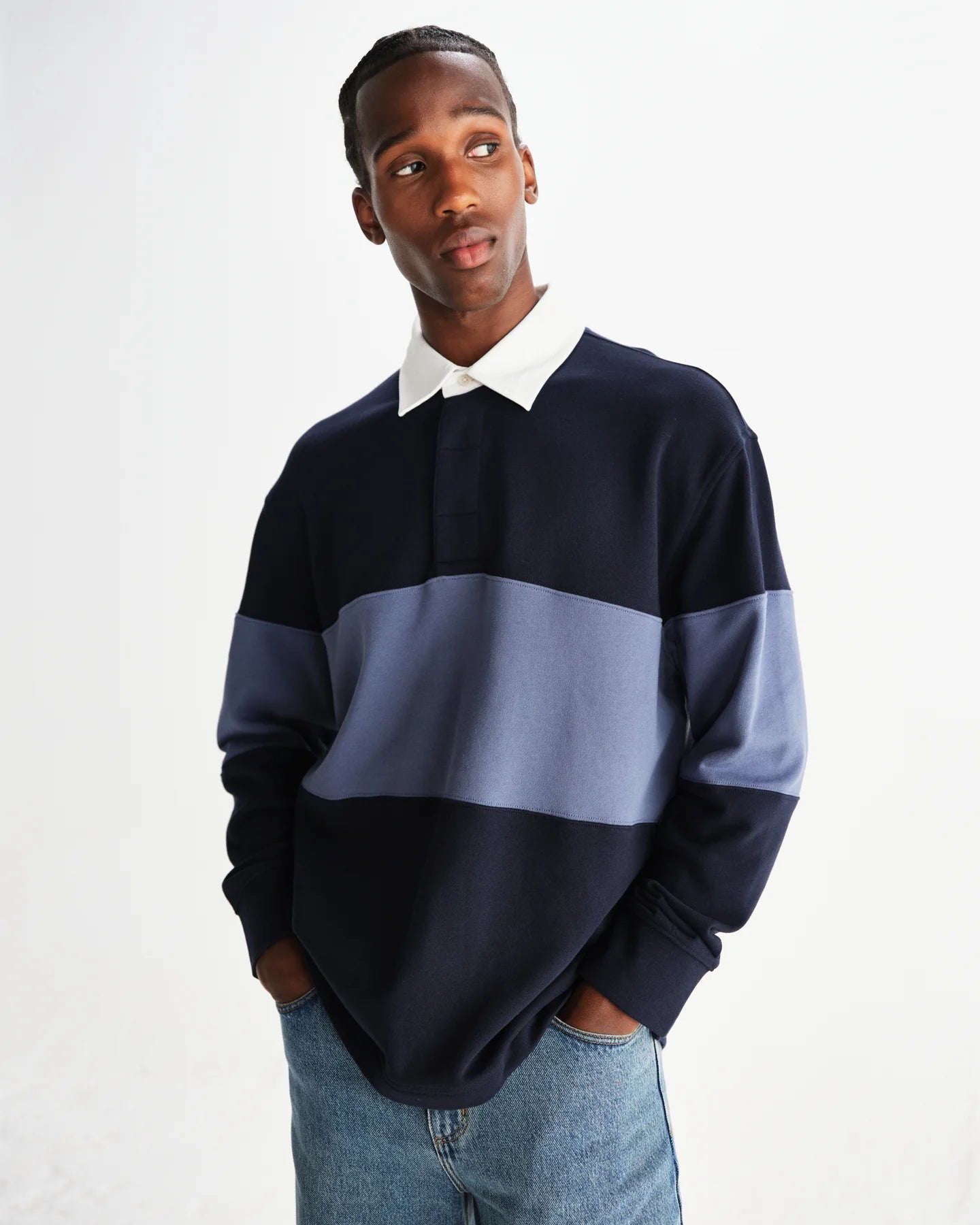 【予約】ラガーシャツ PANELLED LOOPBACK (NAVY/BLUE)