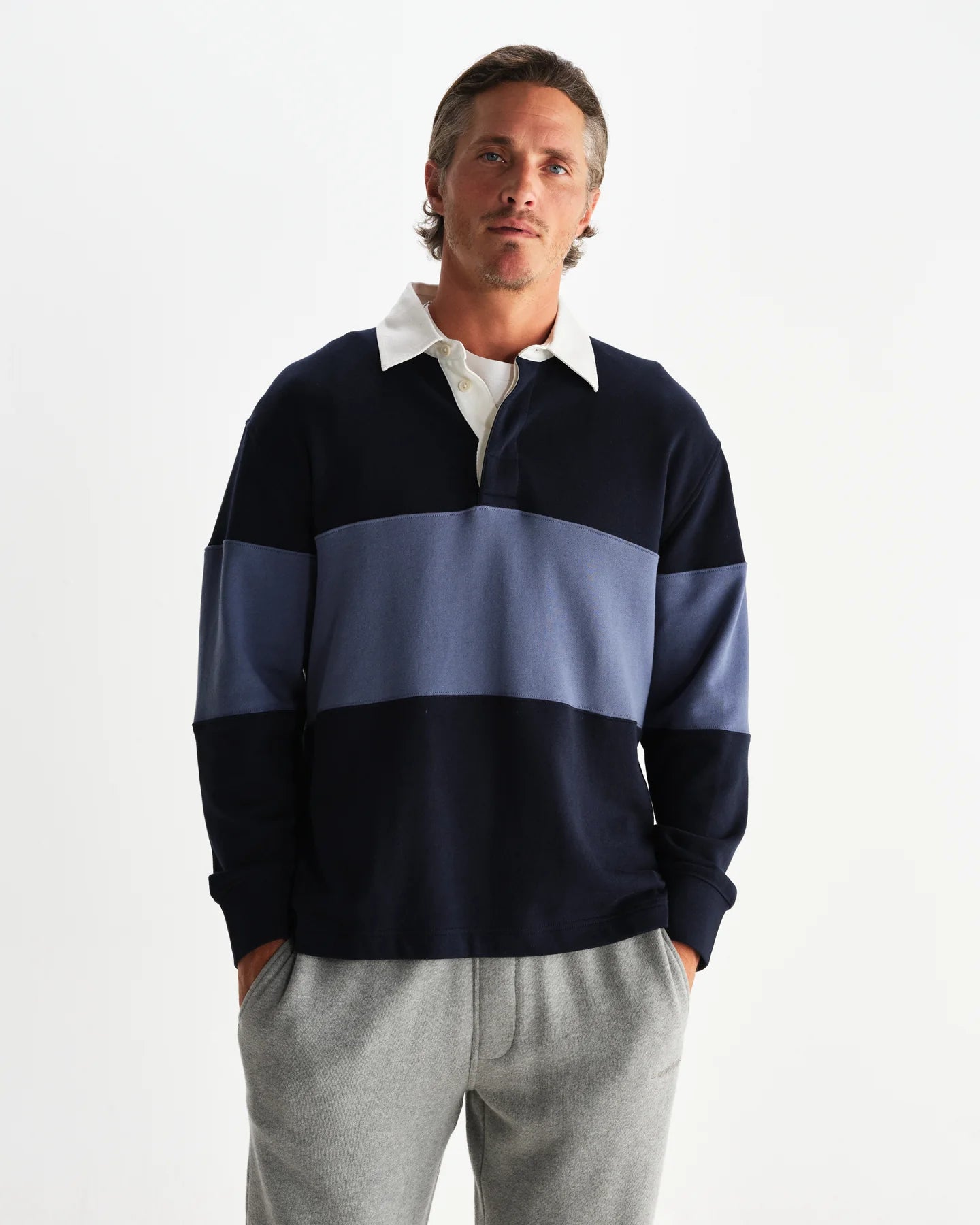 【予約】ラガーシャツ PANELLED LOOPBACK (NAVY/BLUE)