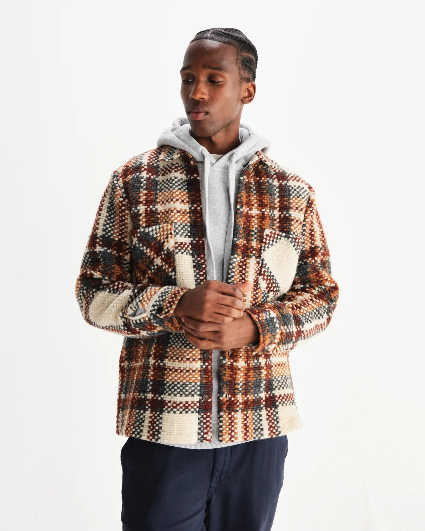 オーバーシャツ WOOL BLEND CHECK (ECRU/MULTI)【ワックスロンドン日本 オーバーシャツ WOOL BLEND CHECK (ECRU/MULTI)【ワックスロンドン日本