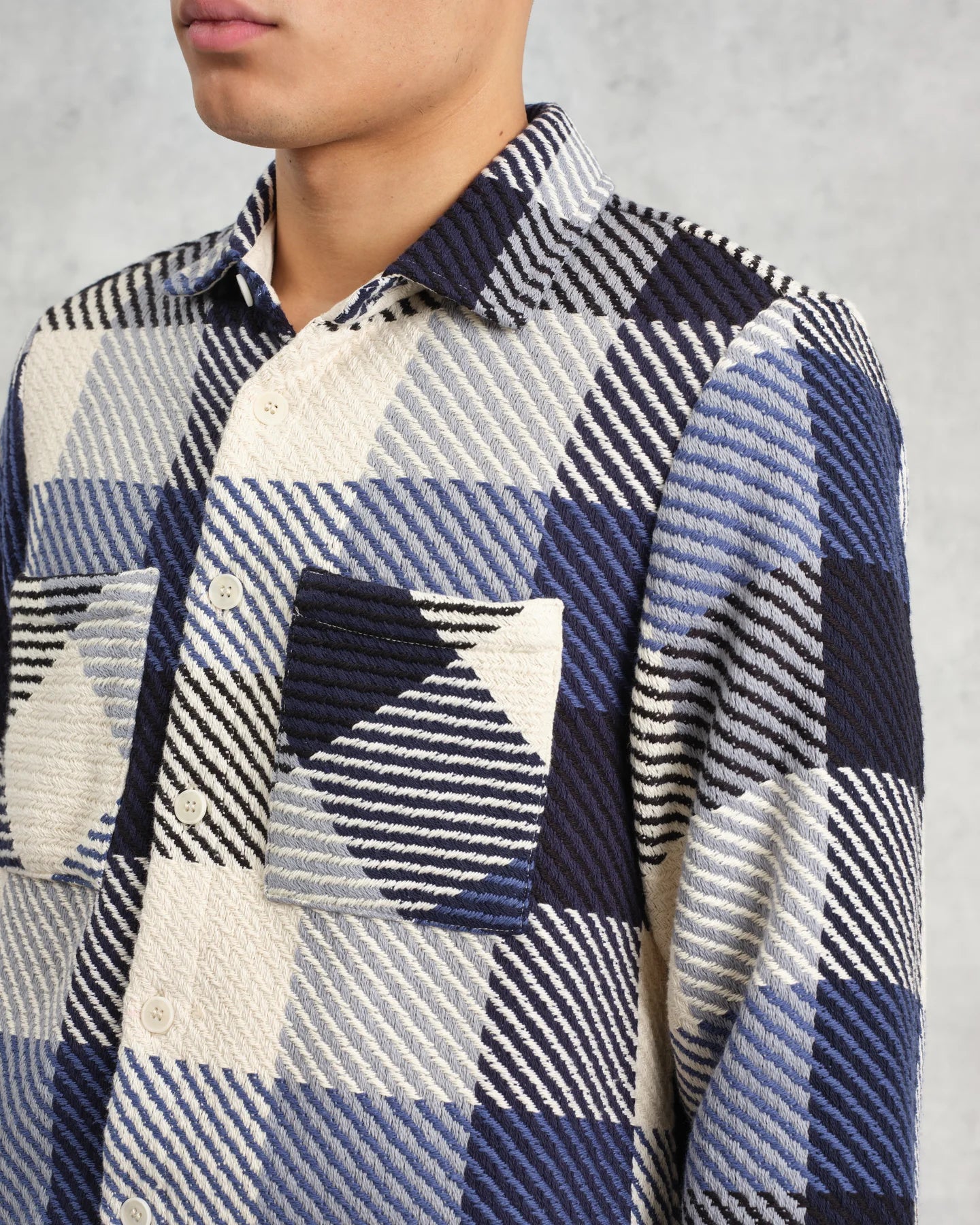 オーバーシャツ BLOCK CHECK (NAVY/ECRU) Whiting Overshirt│wax