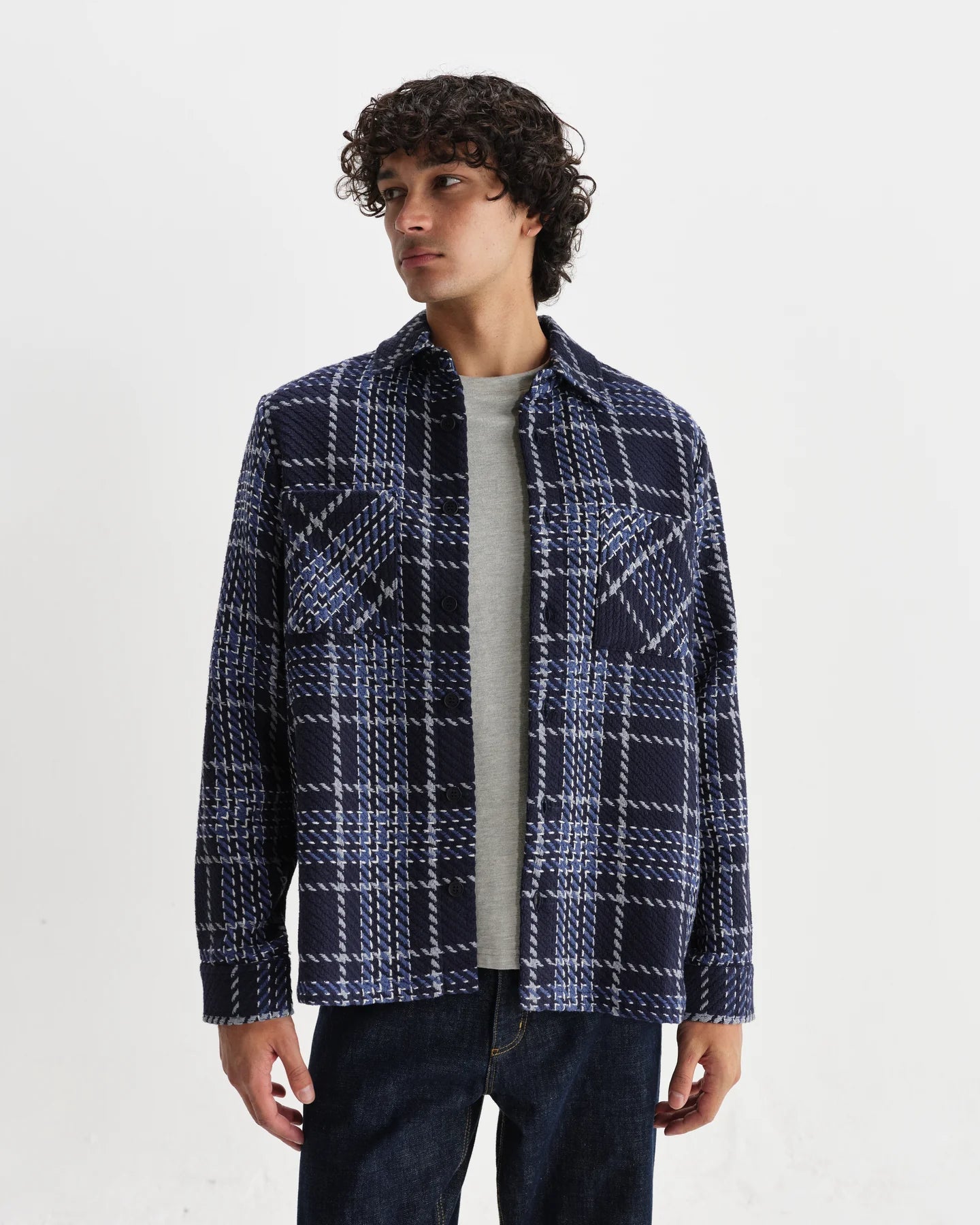 オーバーシャツ WAVE CHECK (NAVY/GREY)